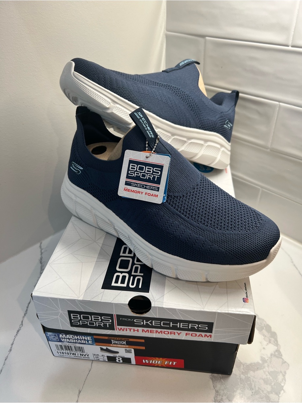 Skechers BOBS Sport B Flex Frigid Edge Navy Men's Size 8 Wide Fit 118107W NIB